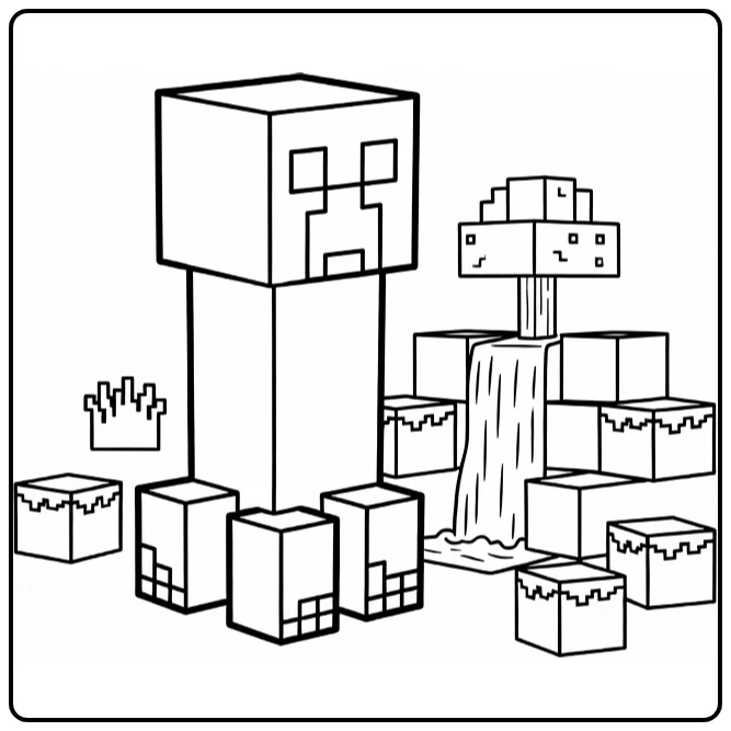 Minecraft Creeper Blocky Waterfall coloring page