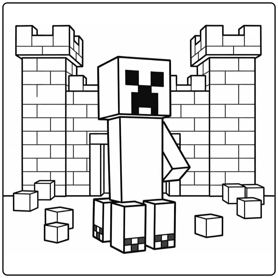 Minecraft Creeper Blocky Castle with Towers coloring page