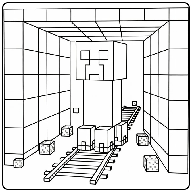 Minecraft Creeper in Tunnel with Ores coloring page