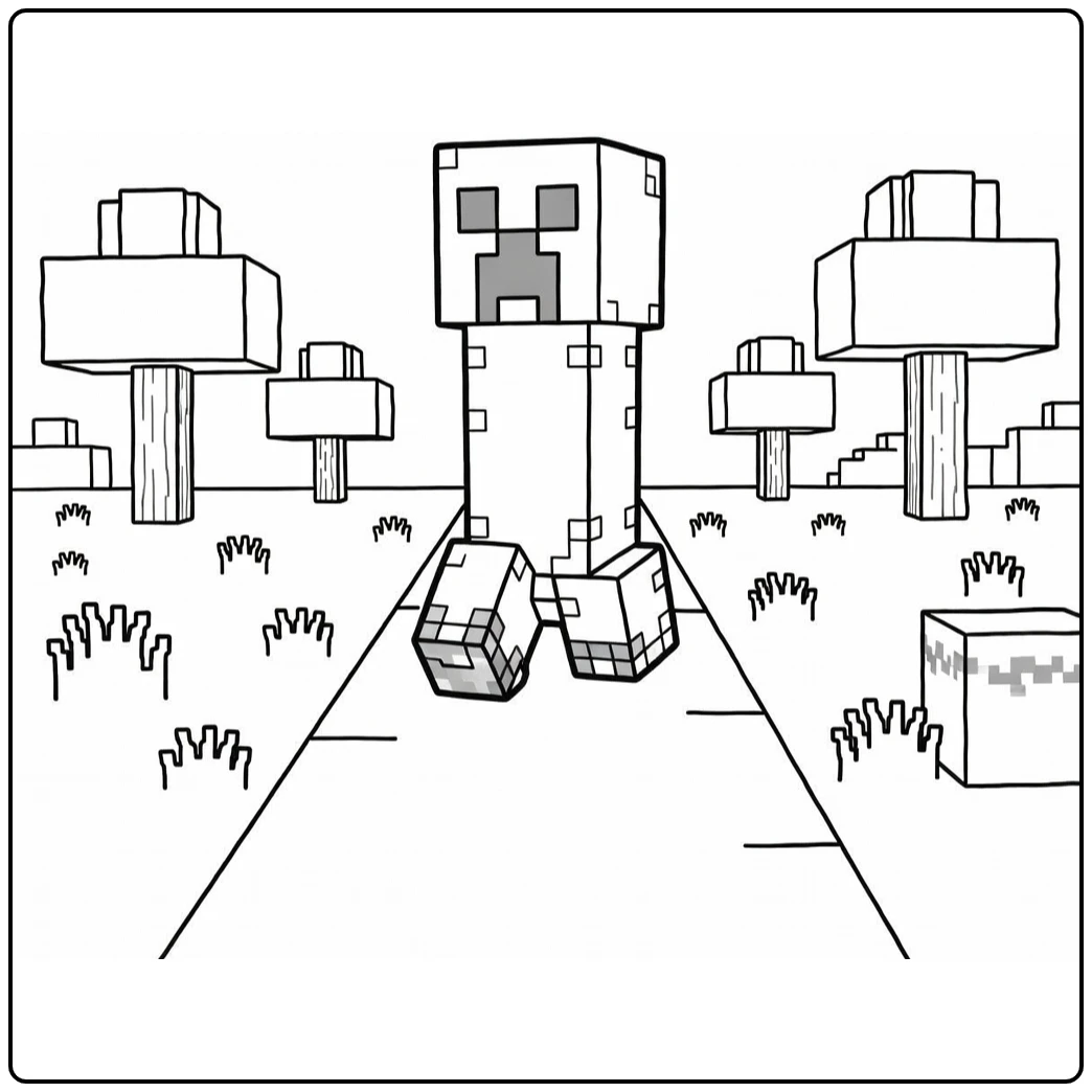 Minecraft Creeper in Blocky Forest with Grass Blocks coloring page