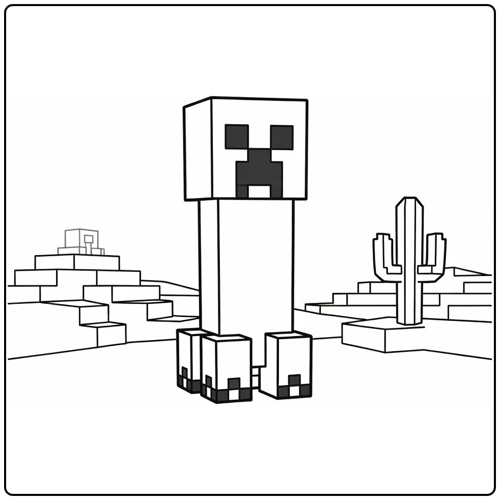 Minecraft Creeper in Desert with Cactus coloring page