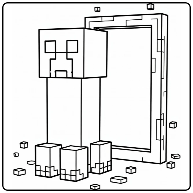 Minecraft Creeper coloring page beside a Nether portal