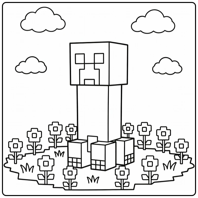 Minecraft Creeper Grass and Clouds coloring page