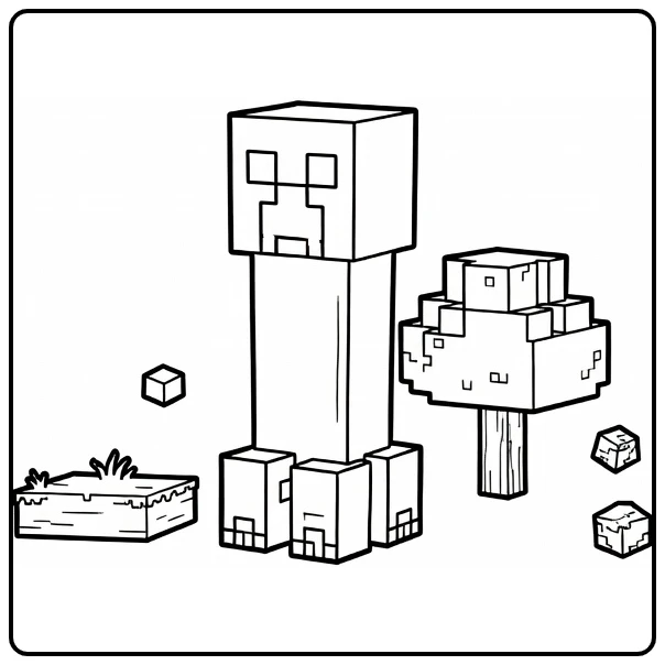 Minecraft Creeper Next to Blocky Tree coloring page