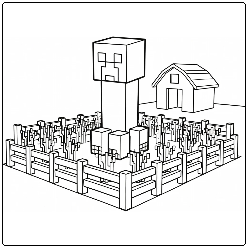 Minecraft Creeper on Farm with Fence and Blocky Barn coloring page