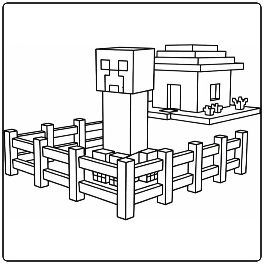 Minecraft Creeper Standing Fence with Cottage coloring page