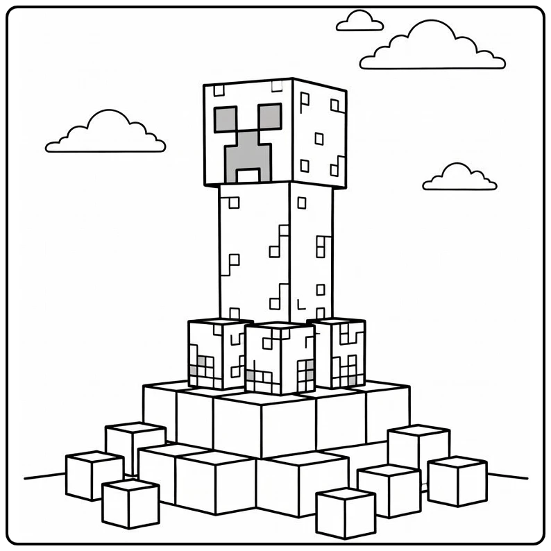 Minecraft Creeper Standing on Blocky Hill with Clouds coloring page