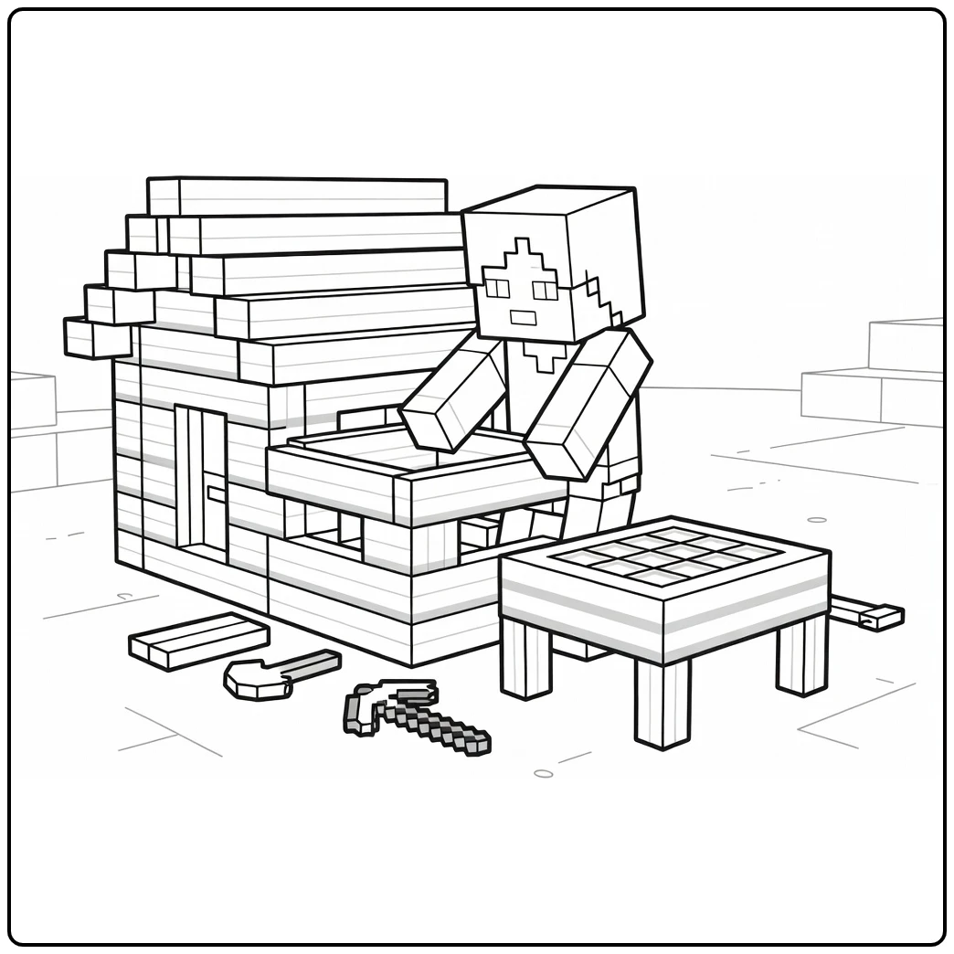 Minecraft Alex with Crafting Table and Plank House coloring page