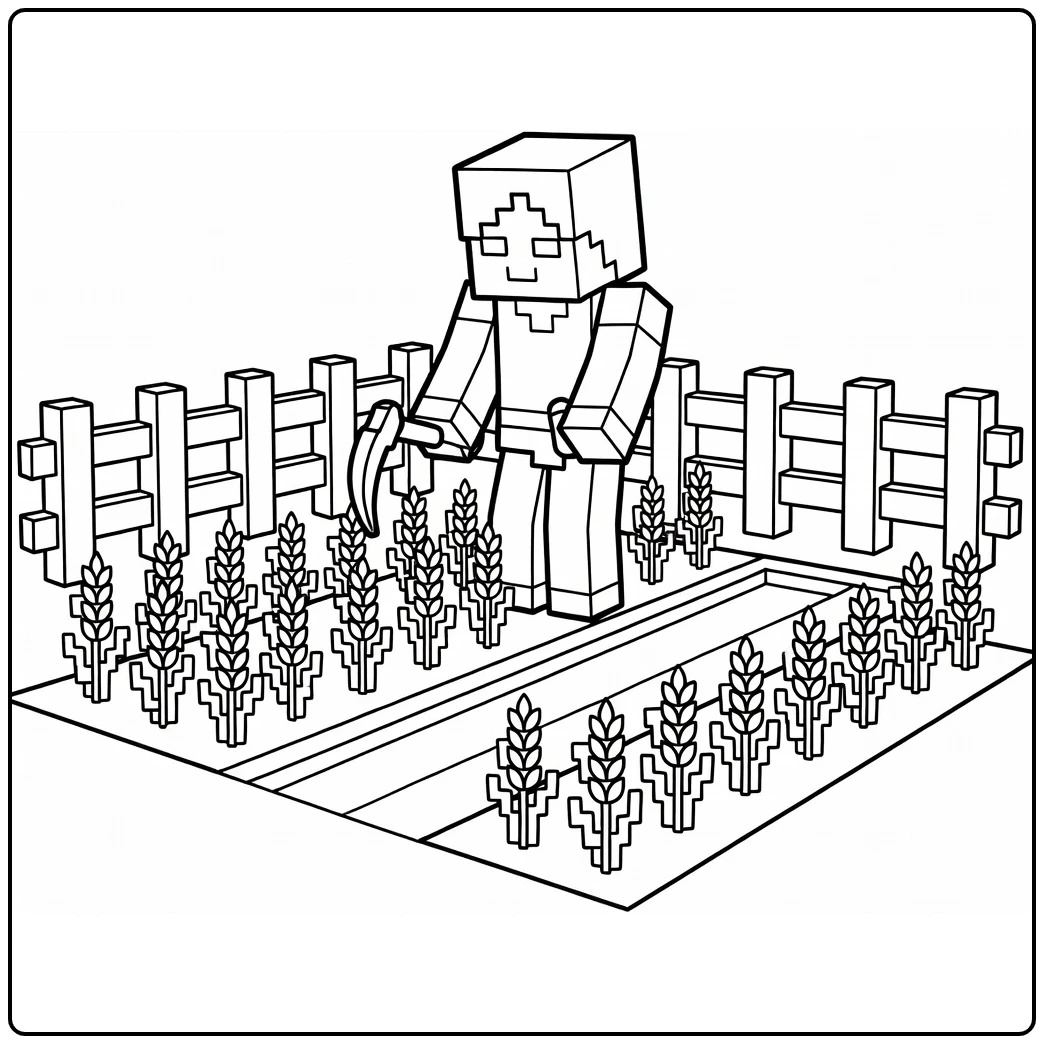 Minecraft Alex on Farm with Fence and Water coloring page