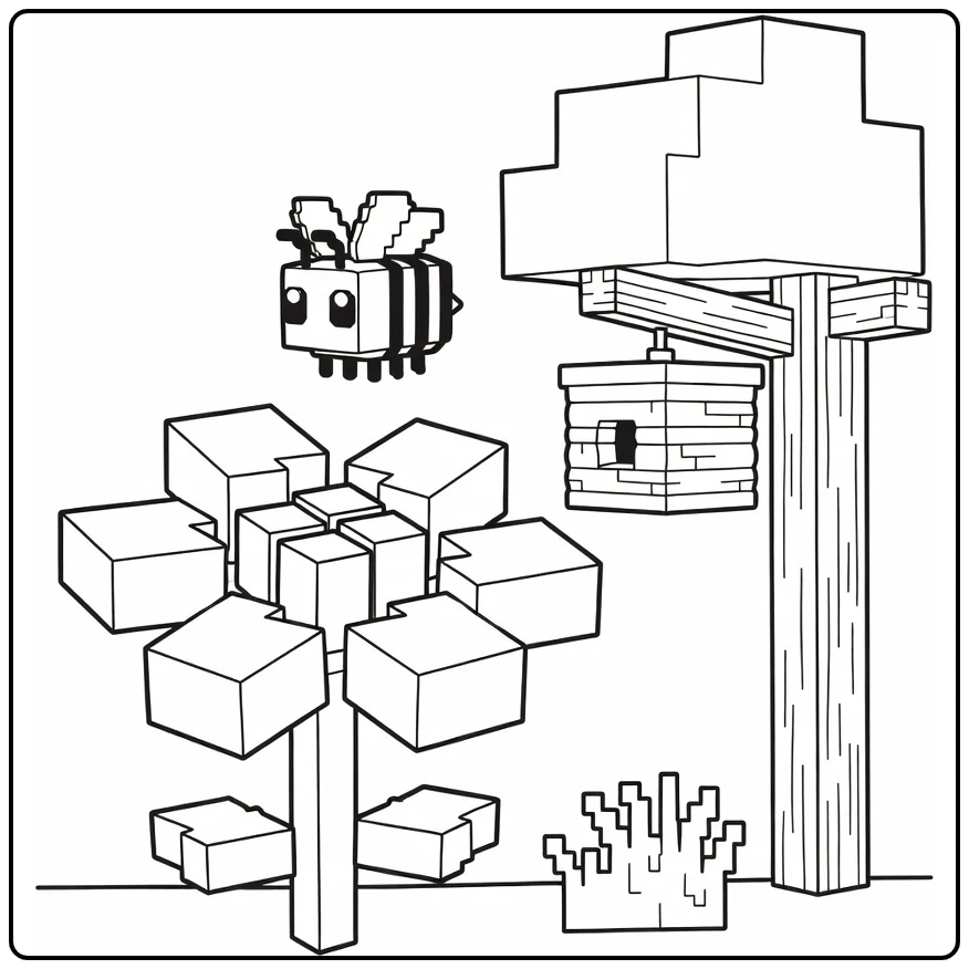Minecraft Flower and Beehive coloring page