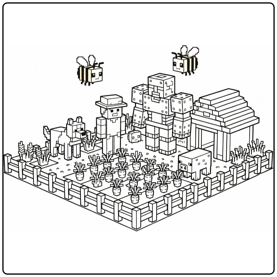 Farm with Villager and Minecraft Animals coloring page