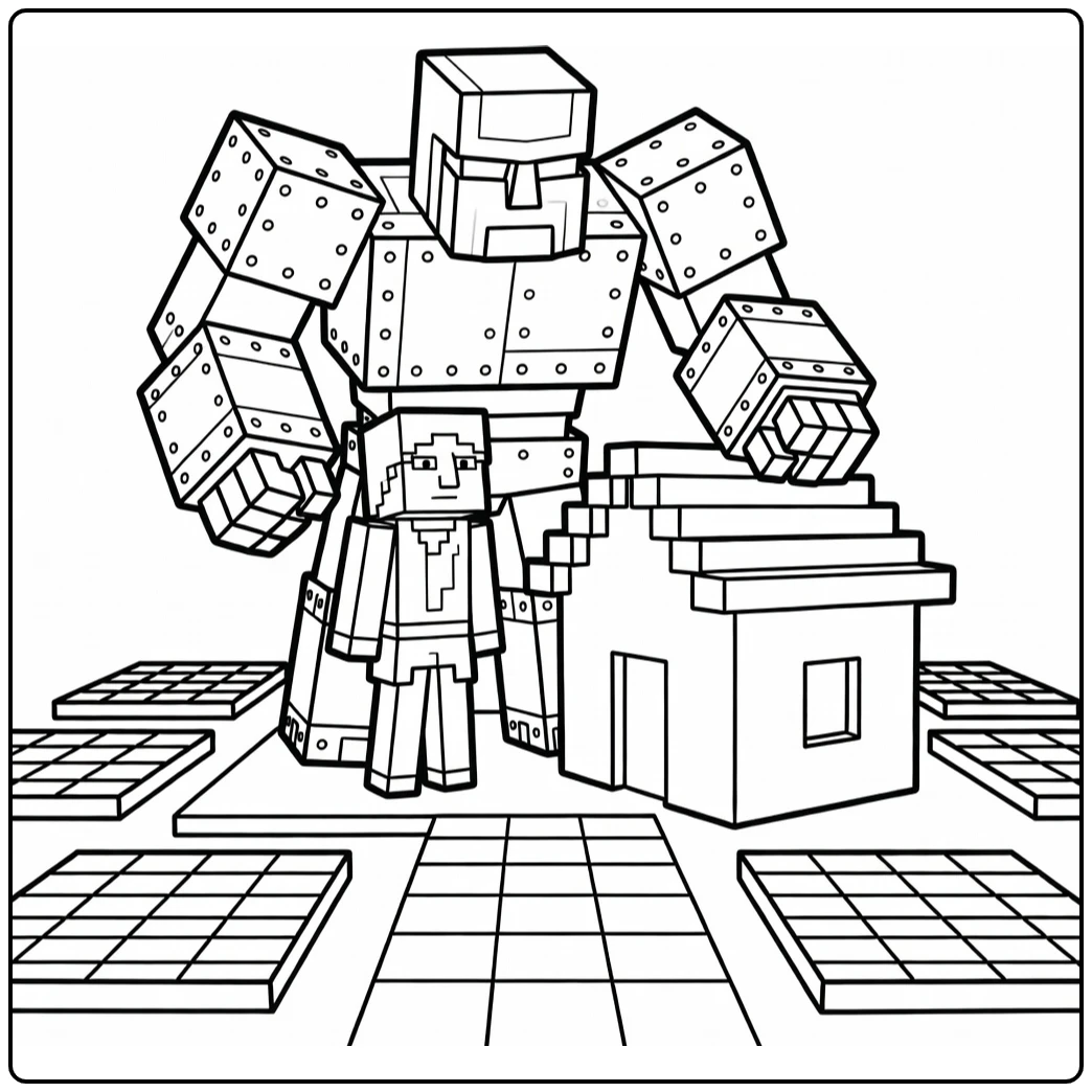 Minecraft Iron Golem Village with Villager coloring page