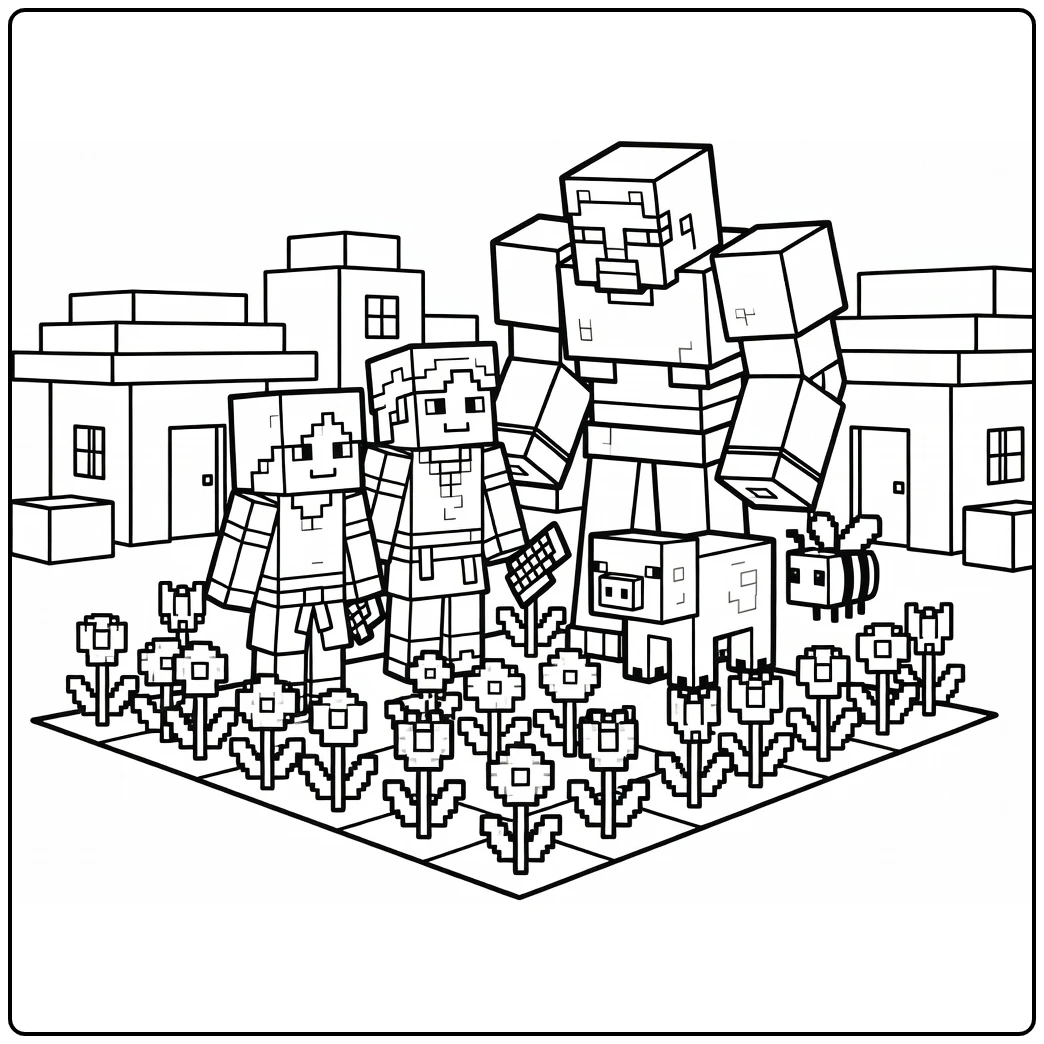 Minecraft Characters with Flowers Garden coloring page