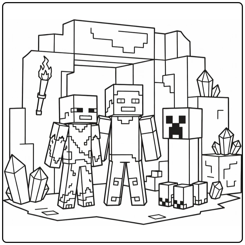 Minecraft Steve and Monsters with Cave coloring page