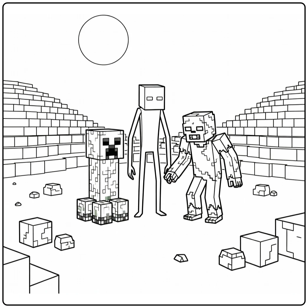 Minecraft Mobs in Night Scene with Moon and Hills coloring page