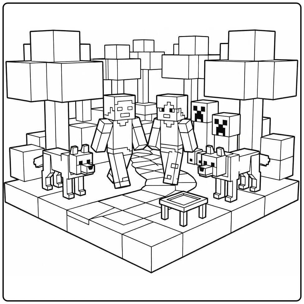 Minecraft coloring page with Steve, Alex, Creeper, and Wolf in a forest