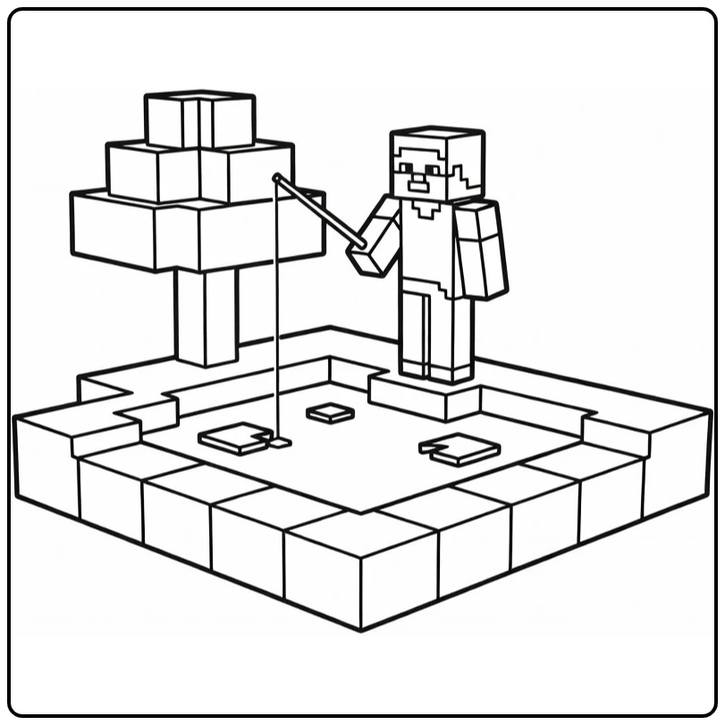 Minecraft Steve Fishing at Small Pond with Tree coloring page