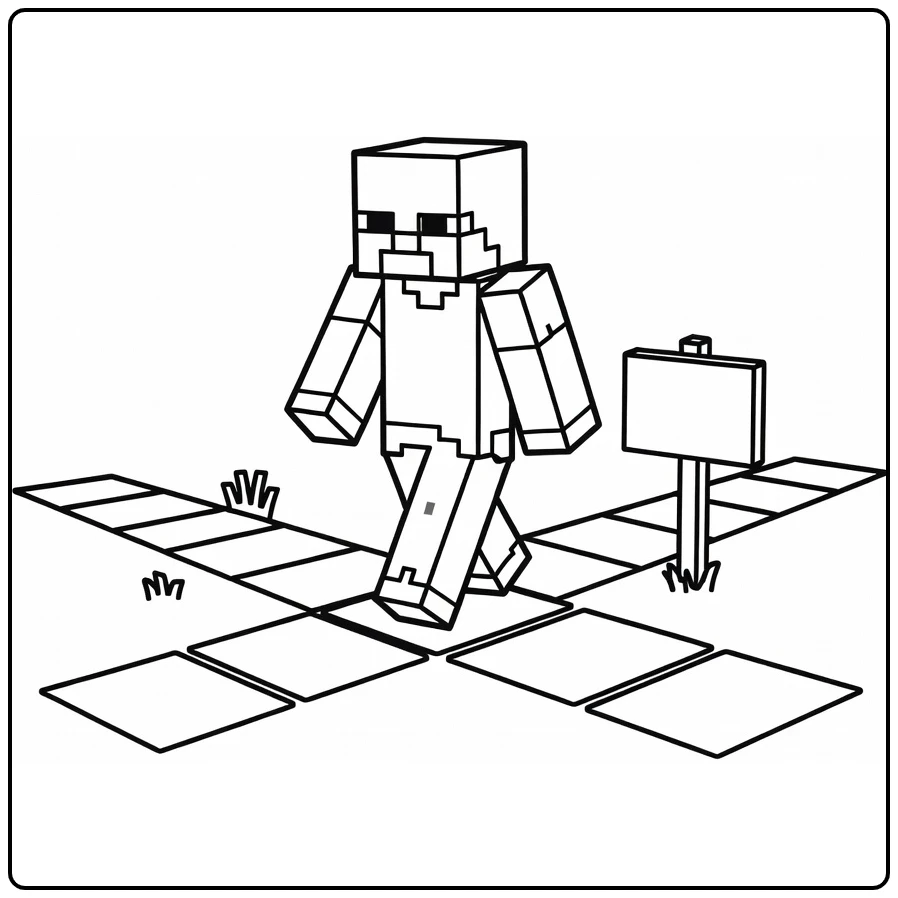 Minecraft Zombie on Blocky Path with Sign coloring page