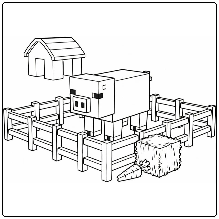 Minecraft Pig Near Fenced Pen Carrot and Barn coloring page