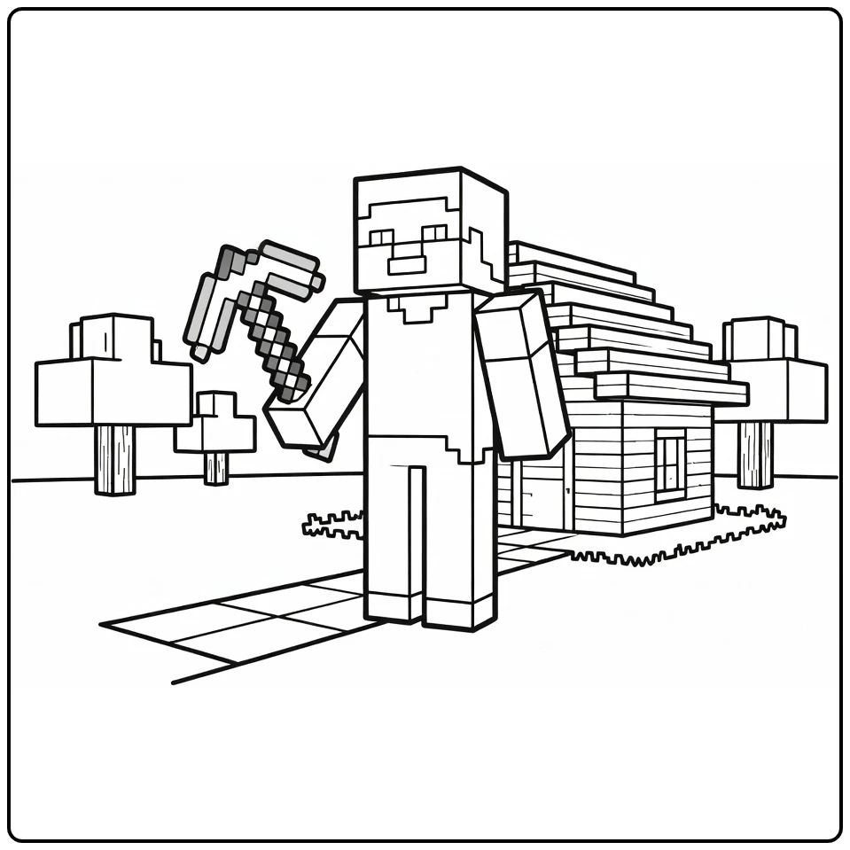 Minecraft Steve Blocky Wooden House coloring page