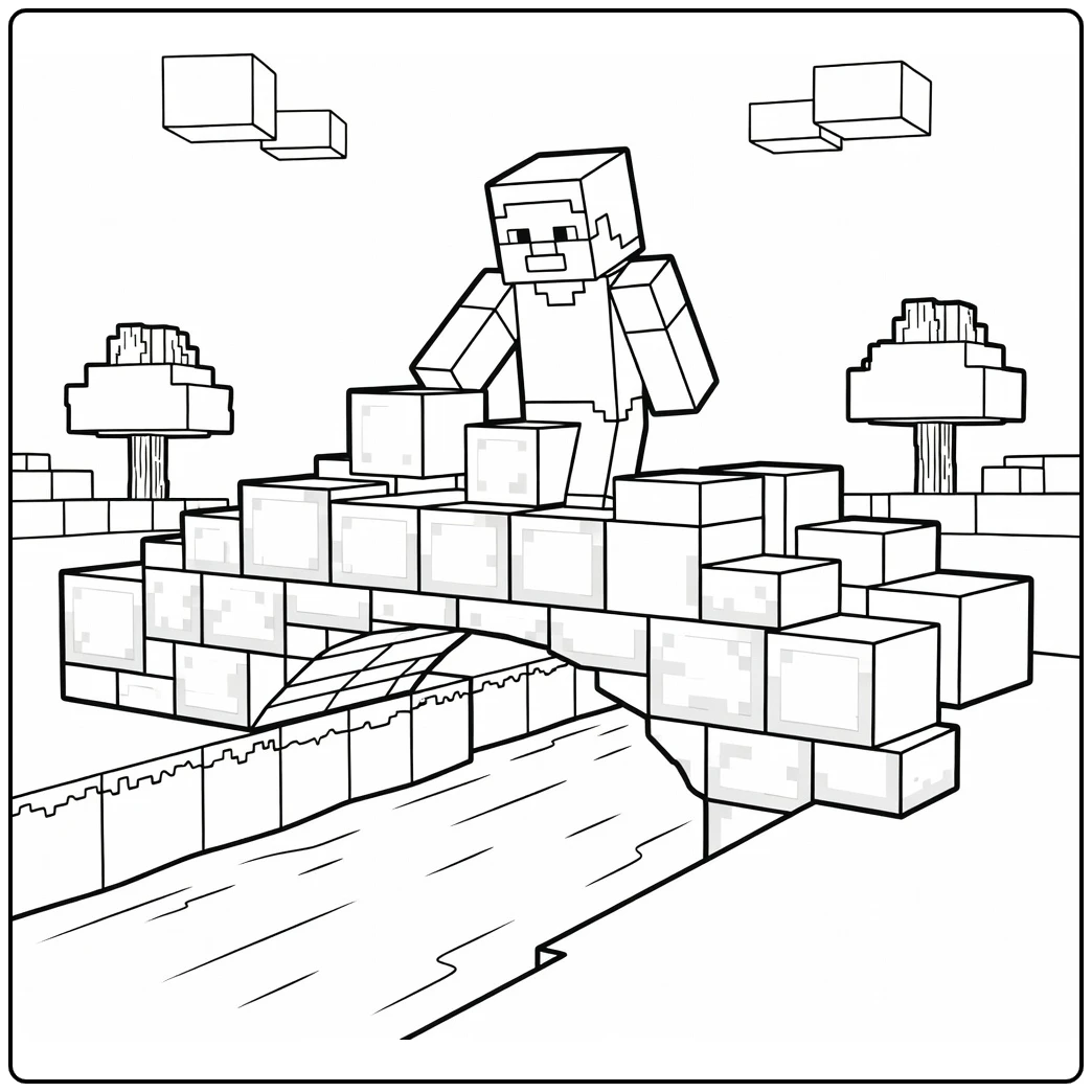 Minecraft Steve Bridge Building River Trees Clouds coloring page