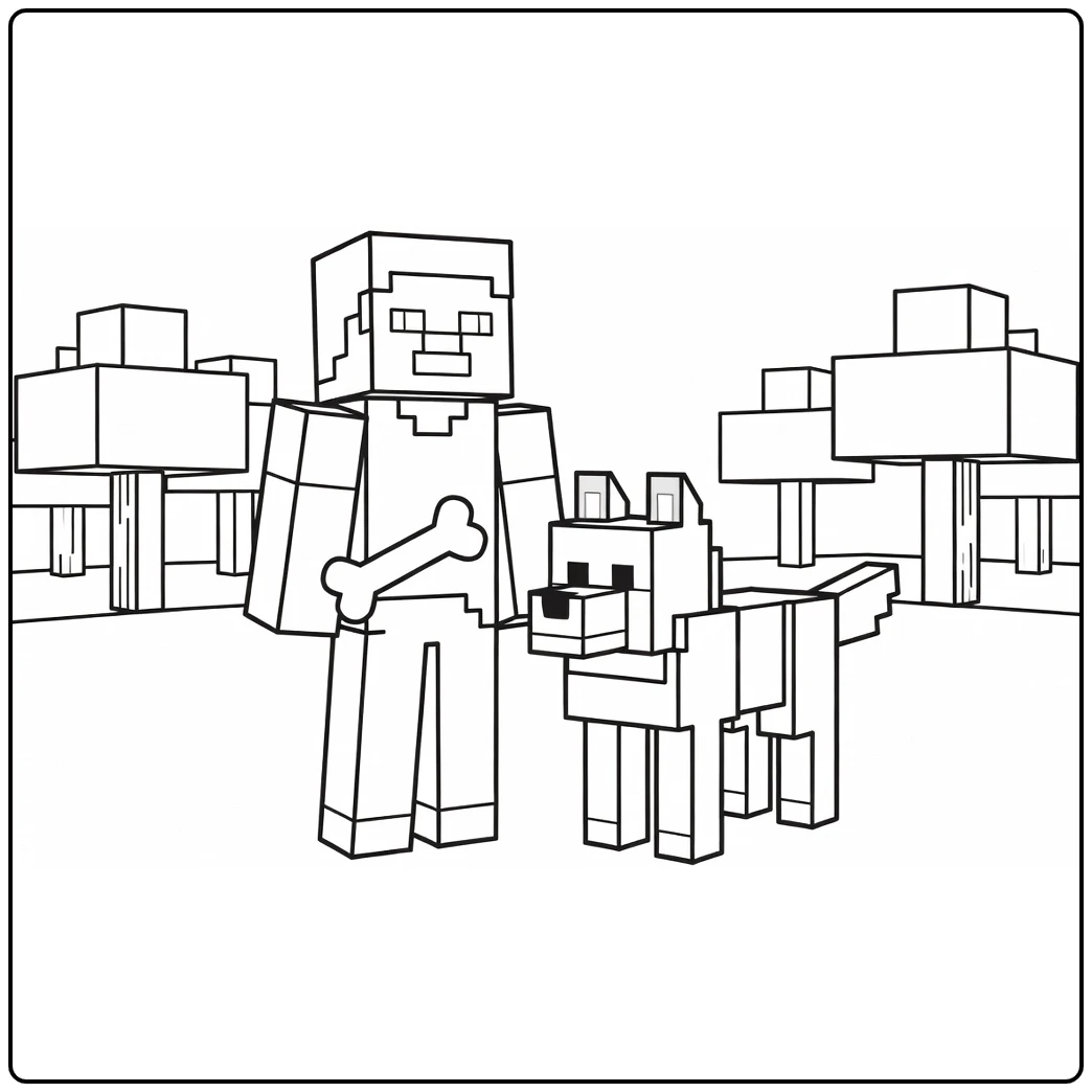 Minecraft Steve Blocky Wolf and Trees coloring page