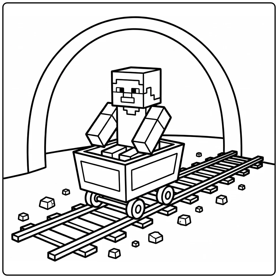 Minecraft Steve Minecart and Cave Arch coloring page