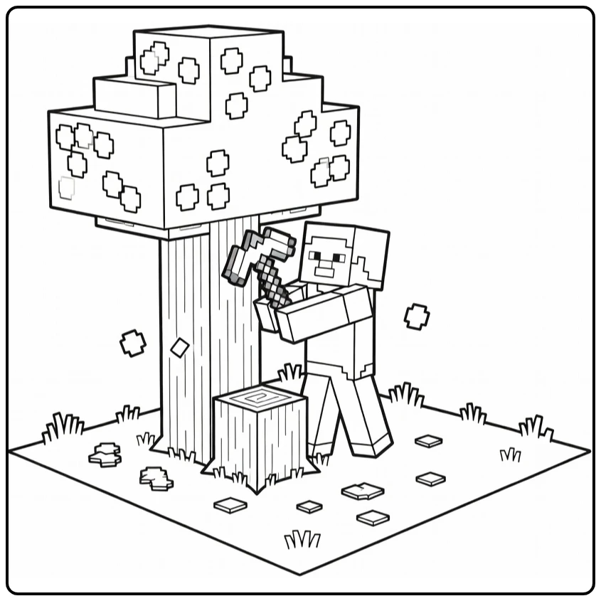 Minecraft Steve Tree with Stump coloring page
