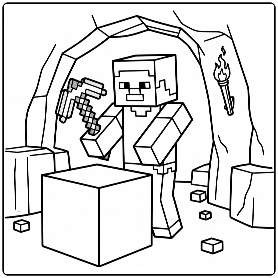Minecraft Steve Mining in Cave with Torch coloring page