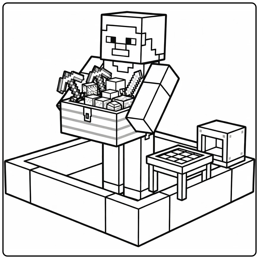 Minecraft Steve with Chest Outside Base Furnace coloring page