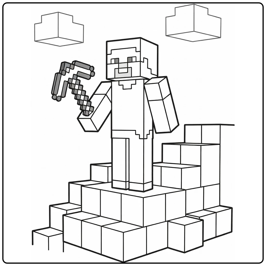 Minecraft Steve coloring page holding a diamond tool on a mountain