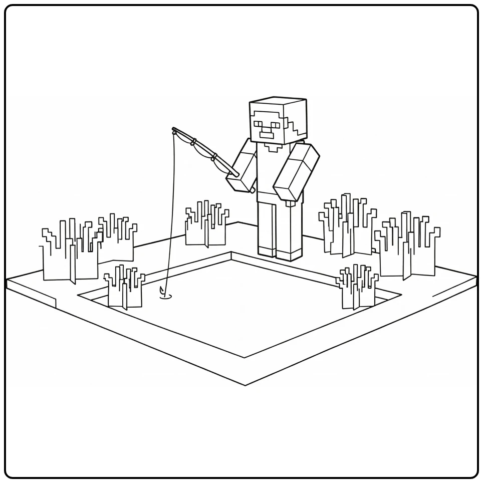 Minecraft Steve Fishing Stil with Small Pond coloring page