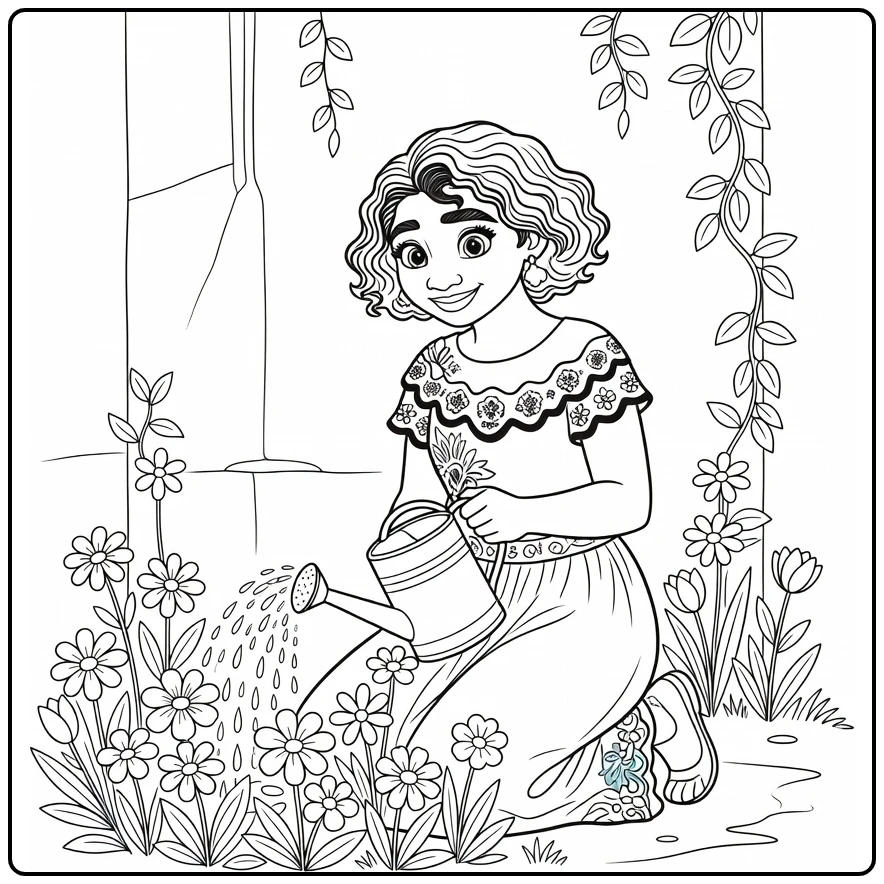 Mirabel Madrigal Watering Can and Flower Bed coloring page