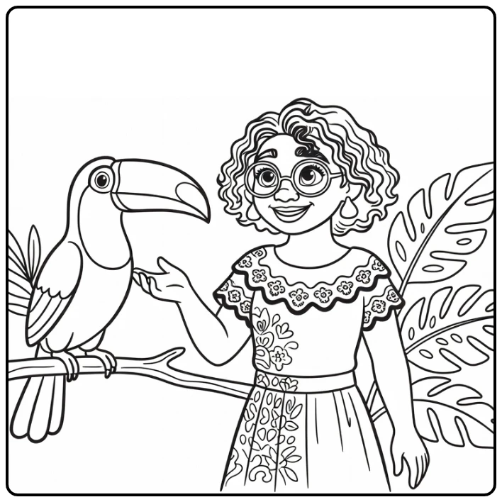 Mirabel Madrigal coloring page with a toucan and tropical leaves