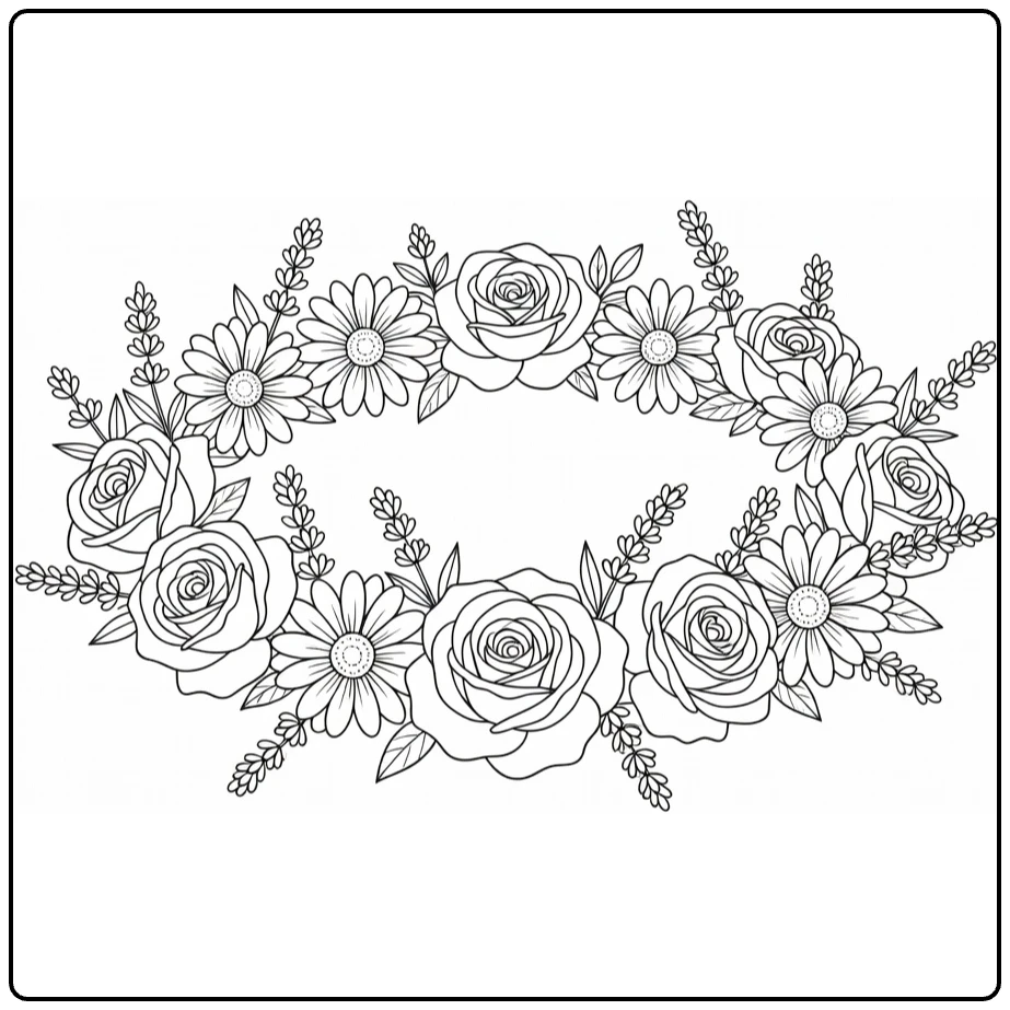 Mother's Day flower coloring page featuring roses and lavender in a wreath