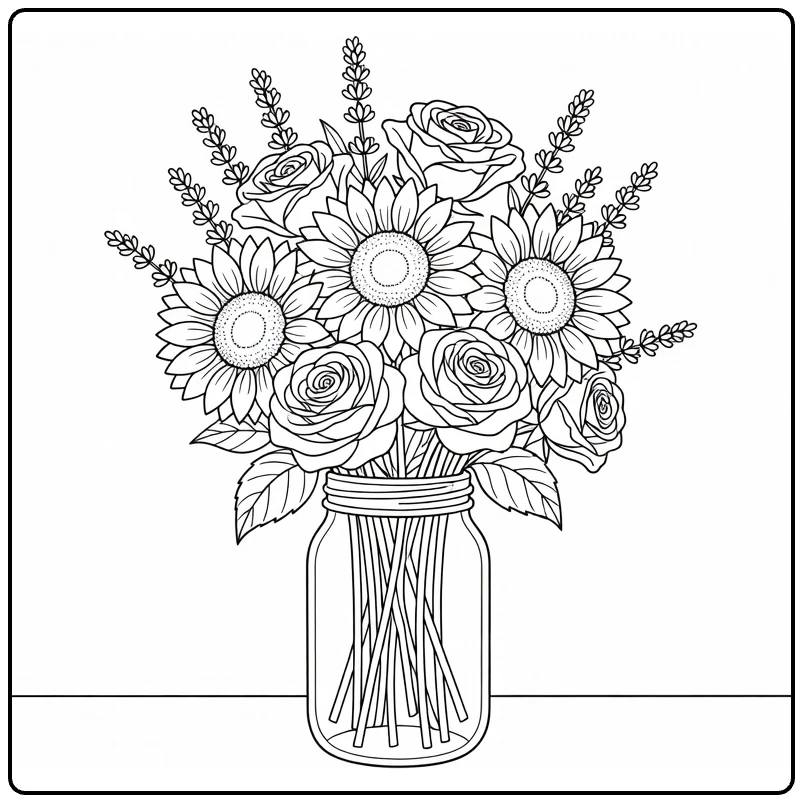 Mother's Day flower coloring page featuring sunflowers, roses, and lavender