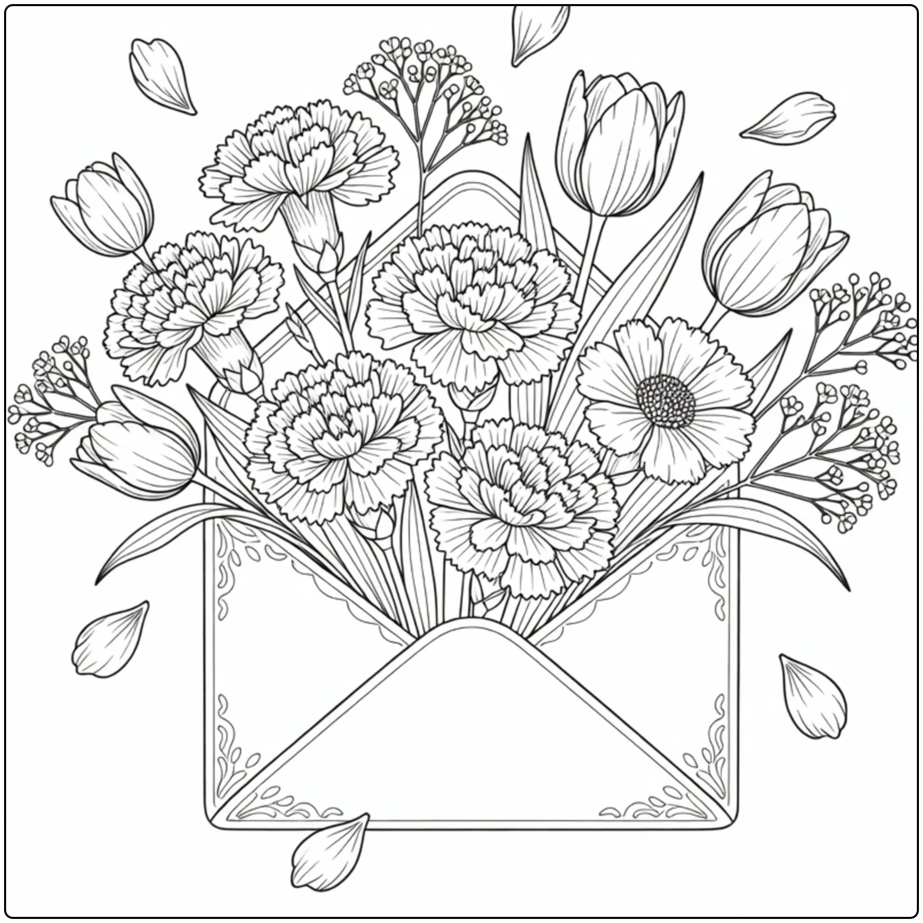 Mother's Day flower coloring page featuring an envelope with carnations and tulips