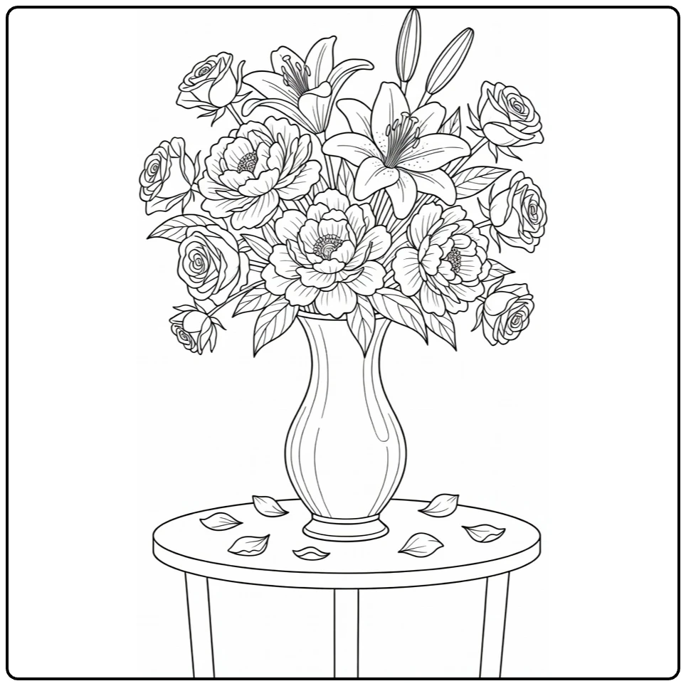 Mother's Day flower coloring page featuring a vase of peonies, lilies, and roses