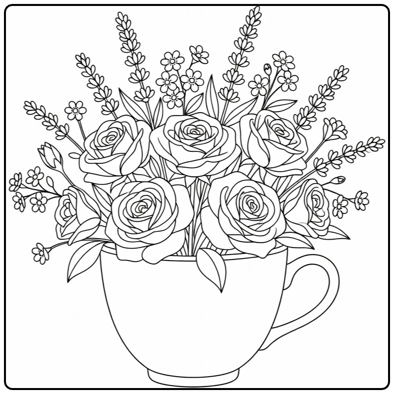 Mother's Day flower coloring page showing a teacup with roses