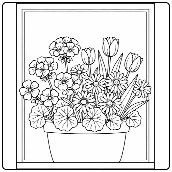 Mother's Day flower coloring page showing geraniums, daisies, and tulips