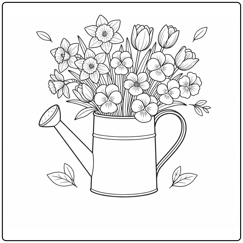 Mother's Day flower coloring page showing a watering can with daffodils and tulips