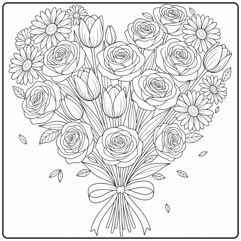Mother's Day flower coloring page showing a heart bouquet with roses and tulips