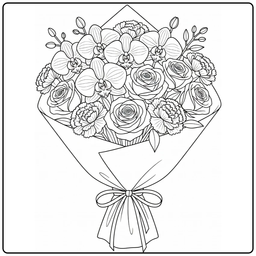 Mother's Day flower coloring page featuring orchids, roses, and carnations