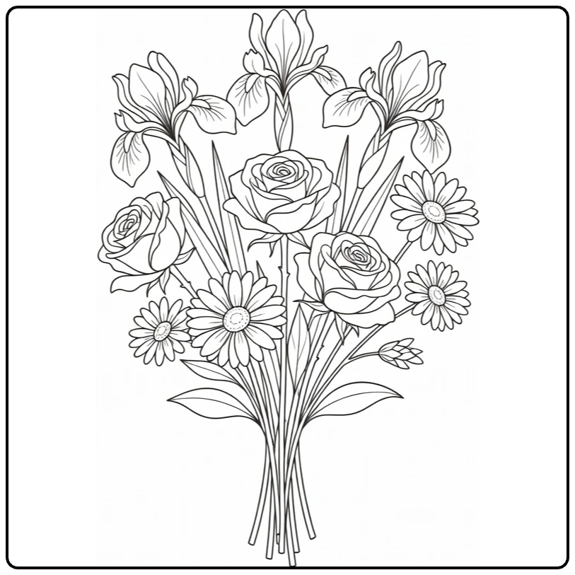 Mother's Day flower coloring page featuring a bouquet of irises, roses, and daisies
