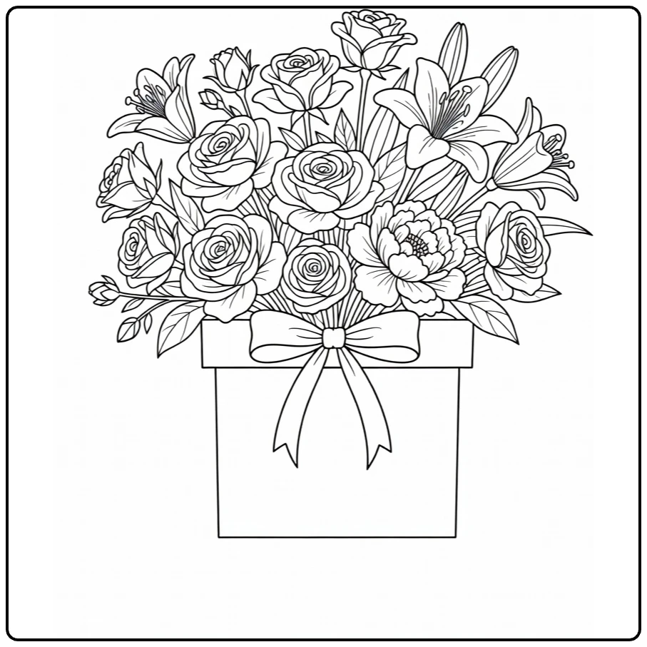 Mother's Day flower coloring page showing a gift box full of roses and lilies
