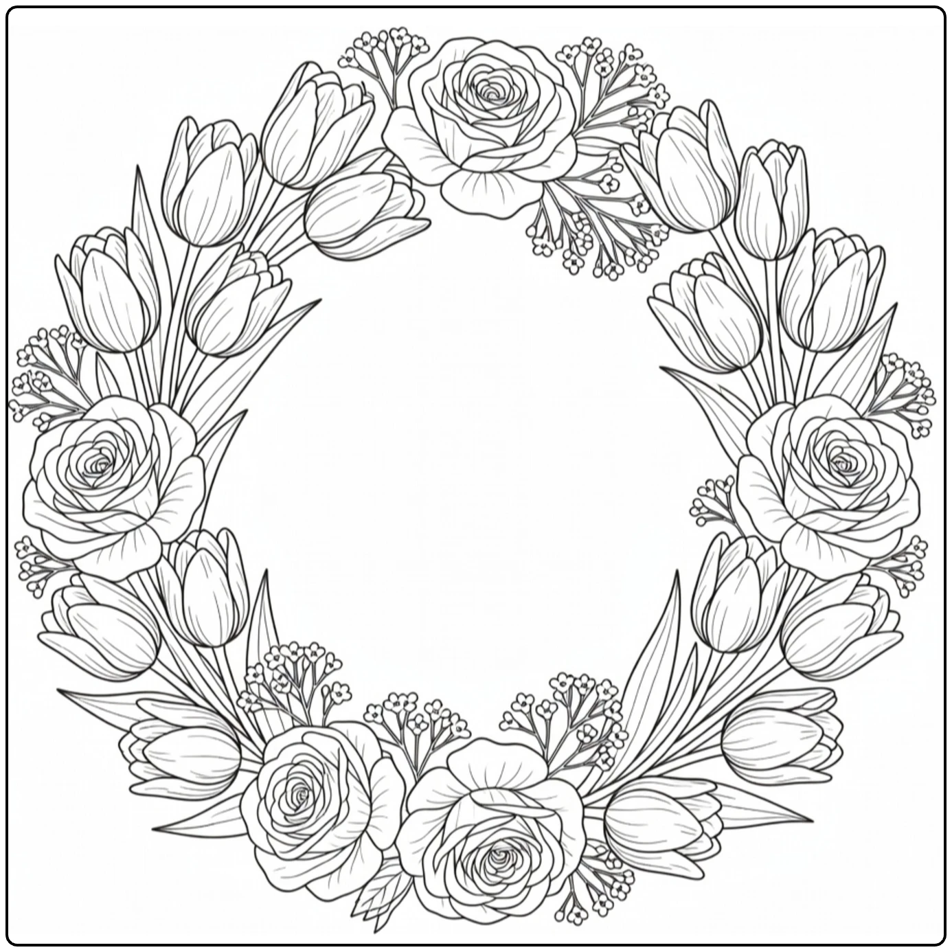 Mother's Day flower coloring page showing a wreath with tulips and roses