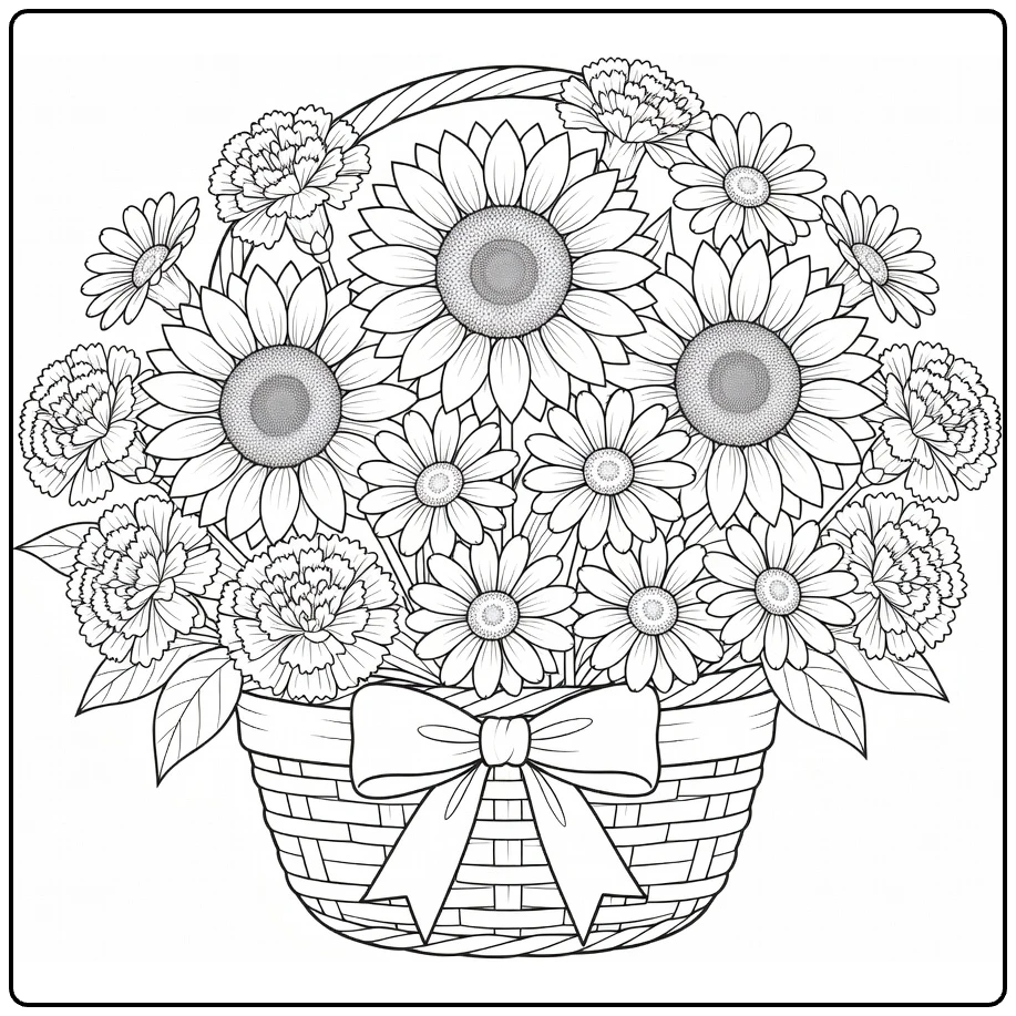 Mother's Day flower coloring page featuring a flower basket with a bow