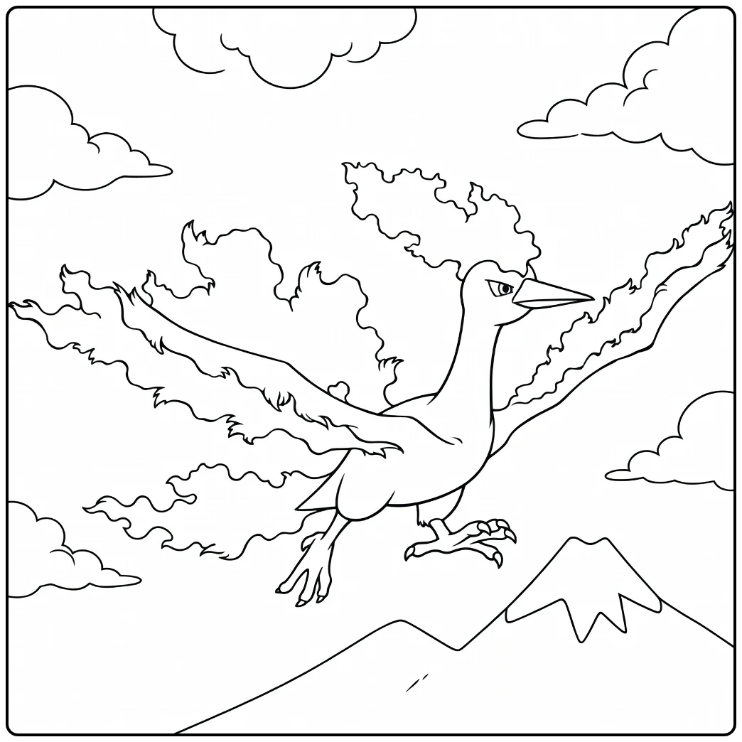 Moltres Flying Above Mountain with Flames coloring page