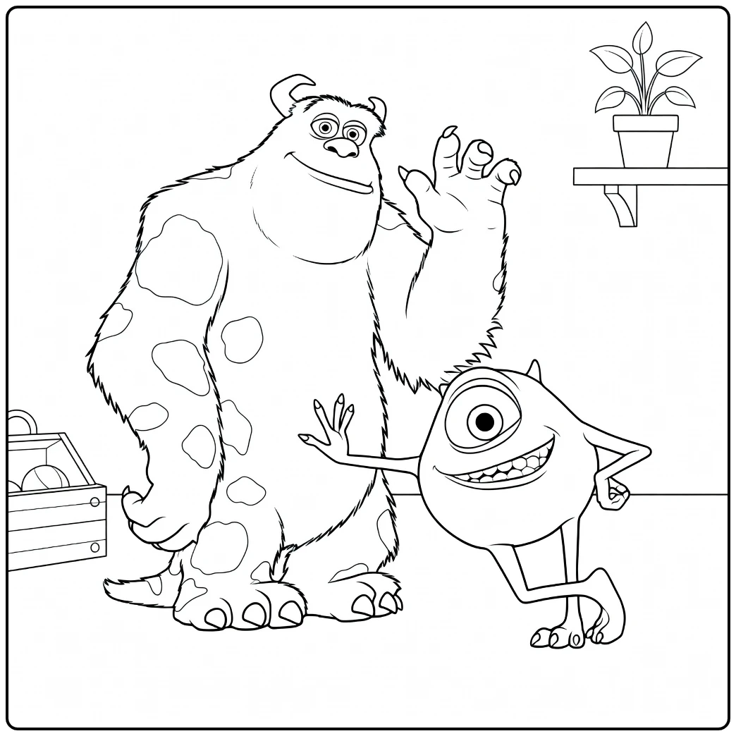 monsters and co coloring page with happy sulley and mike wazowski