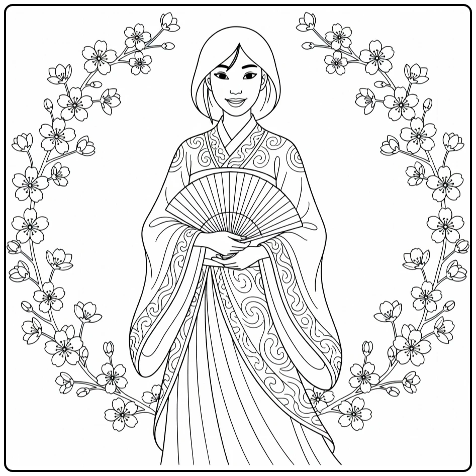 mulan coloring page elegante jurk waaier and kersenbloesems